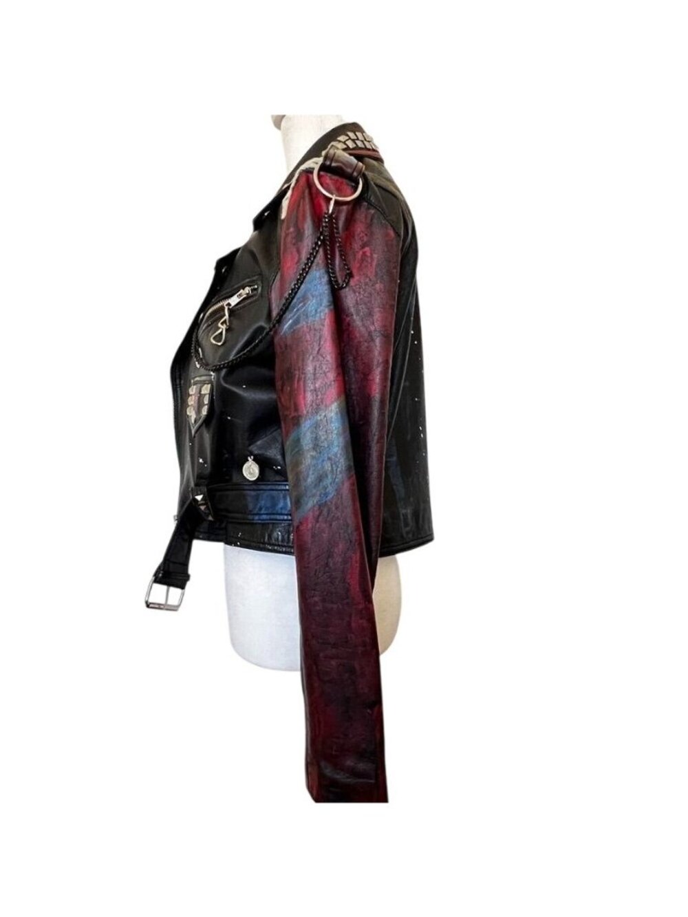 Zara Women M Ltd Edition Leather Battle Jacket Moto Studded Patchwork Cropped - Picture 10 of 16